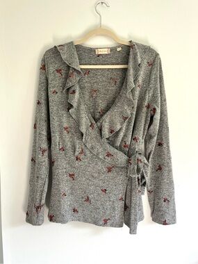Altar'd State Heather Grey Embroidered Floral Wrap Sweater Cardigan Size Large